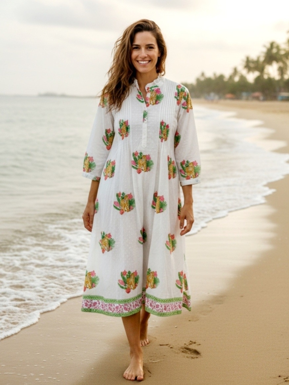White Floral Maxi Beach Dress with Green & Pink Accents